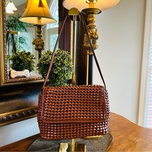 Nine West Brown Leather Woven Handbag 8”H - 10”W - 4” D 11” Drop